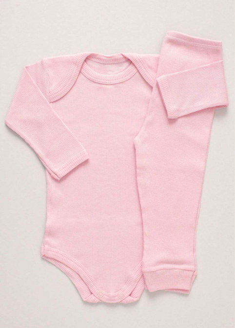 Kit Conjunto 2 Peças – Body de Manga Longa e Mijão Canelado Rosa Claro