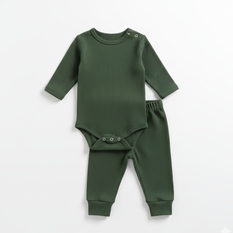 Conjunto Body e Calça em Malha Canelada – Verde Campestre – Piccoli Tesori