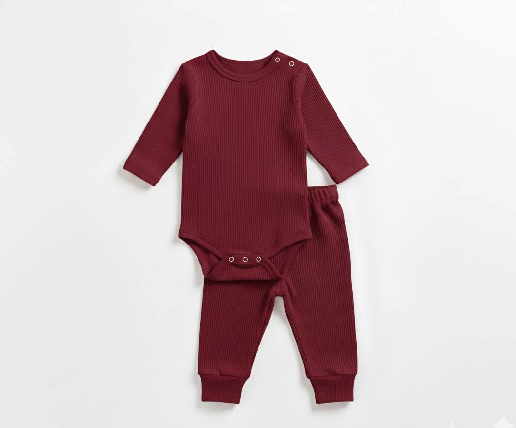 Conjunto Body e Calça em Malha Canelada – Vinho Elegante – Piccoli Tesori