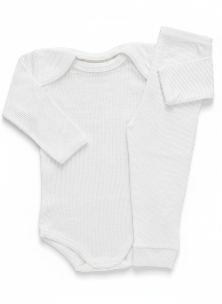 Kit Conjunto 2 Peças – Body de Manga Longa e Mijão Canelado Branco