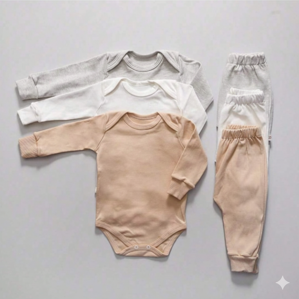 Kit Conjunto 6 Peças Neutro – Bodies de Manga Longa e Mijões Canelados