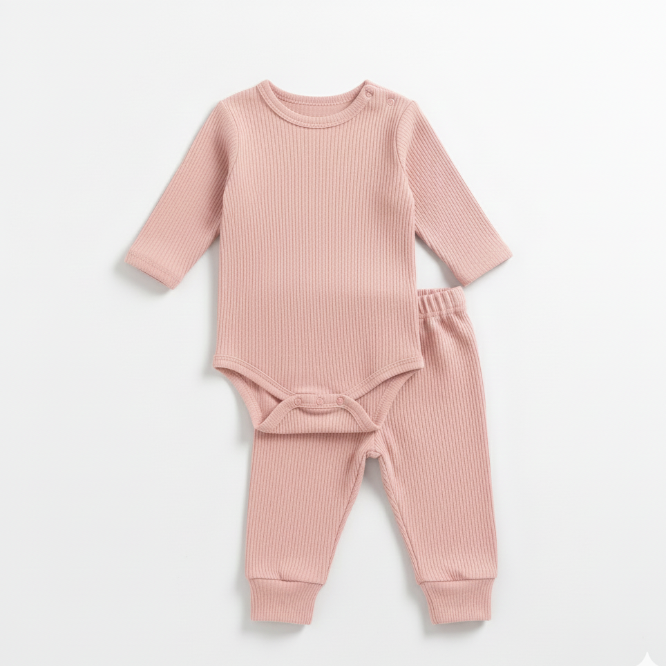 Conjunto Body e Calça em Malha Canelada – Rosa Suave – Piccoli Tesori 