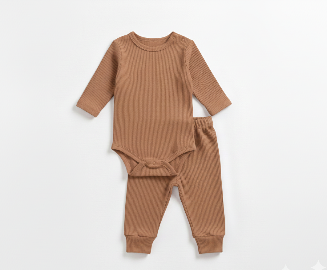 Conjunto Body e Calça em Malha Canelada – Marrom Terracota – Piccoli Tesori